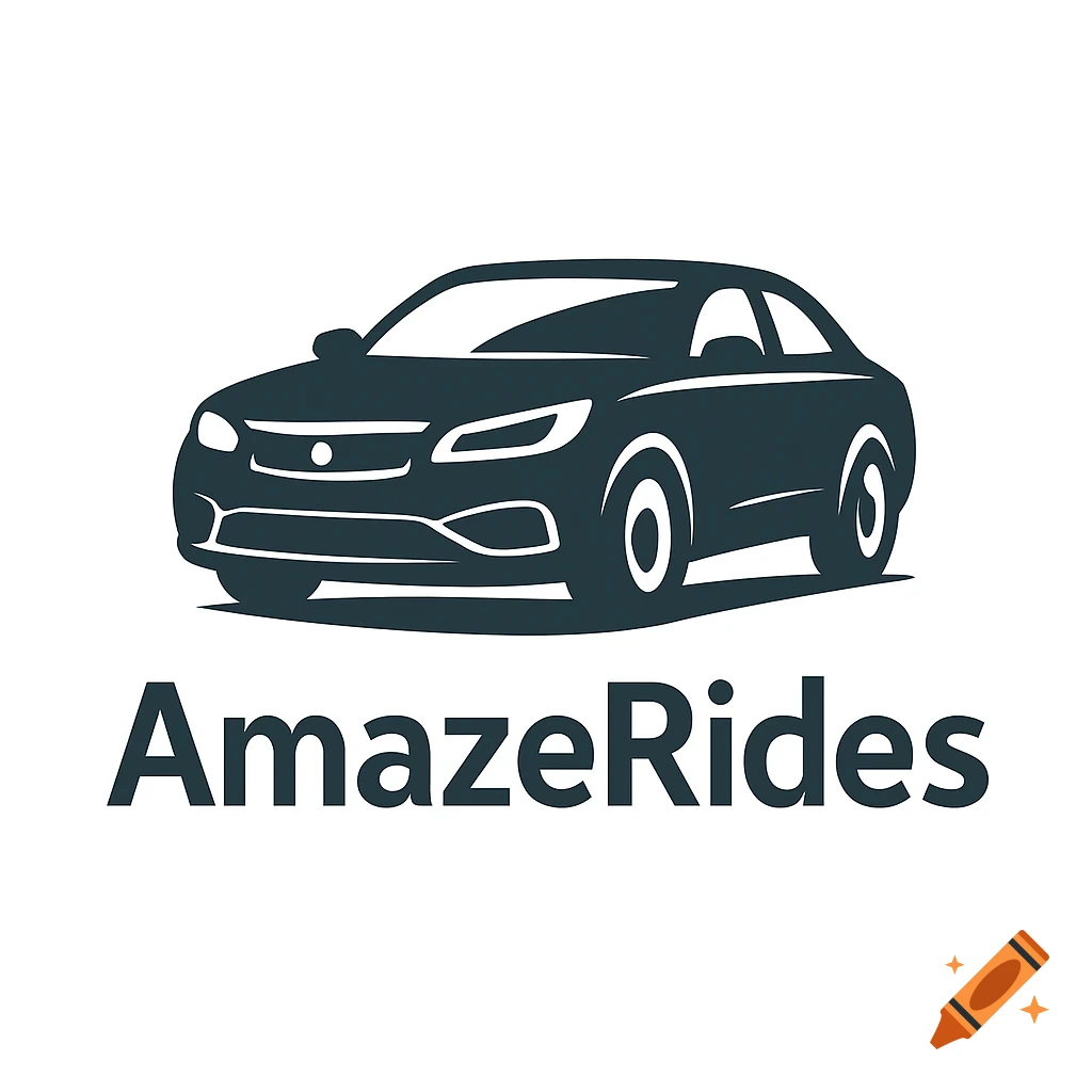 Logo of a stylized dark car with the text AmazeRides below.