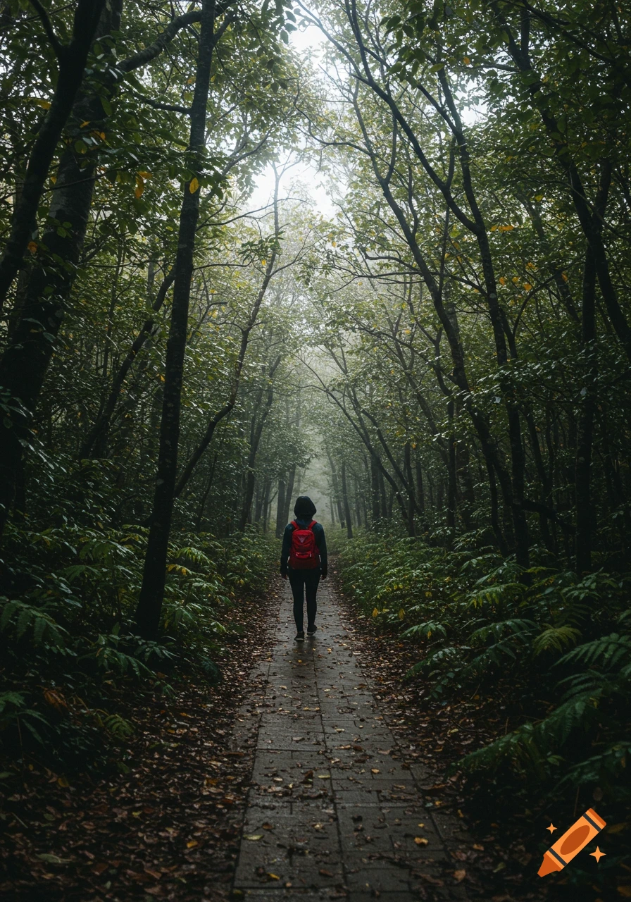 A person walks on a paved path through a lush forest.