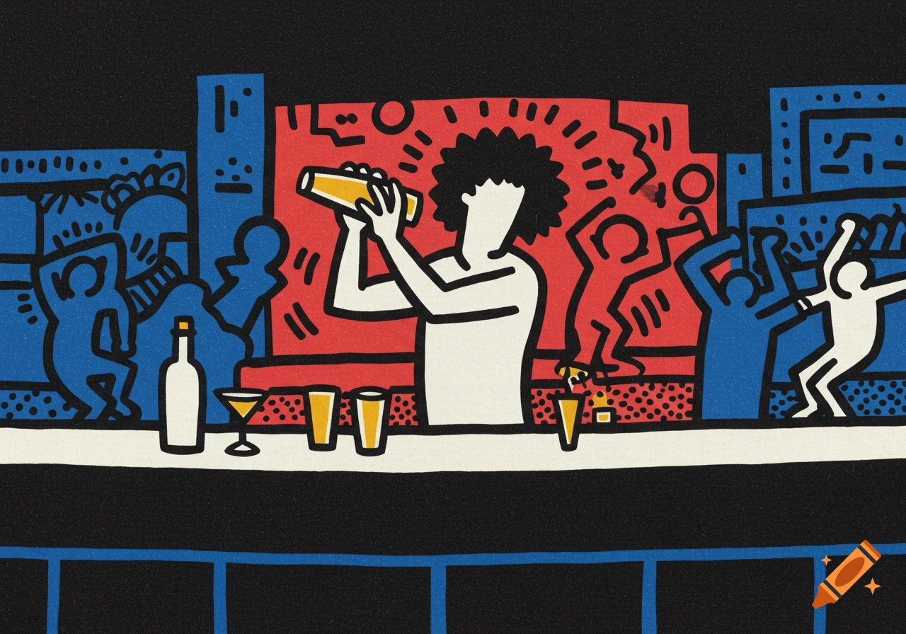 A bartender shakes a drink behind a bar in a Keith Haring style illustration with dancing figures.