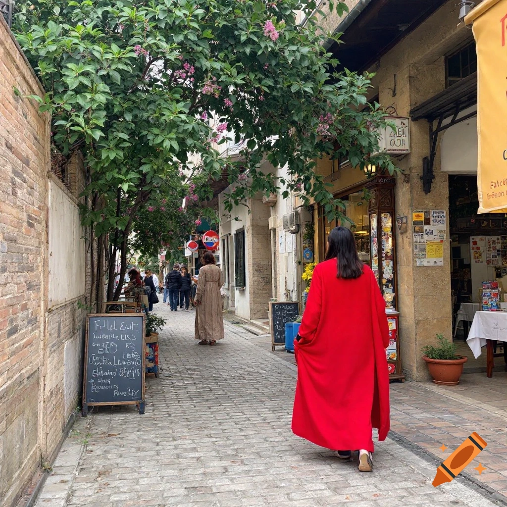 A woman in a red coat walks down a narrow cobblestone street lined with shops and trees.
