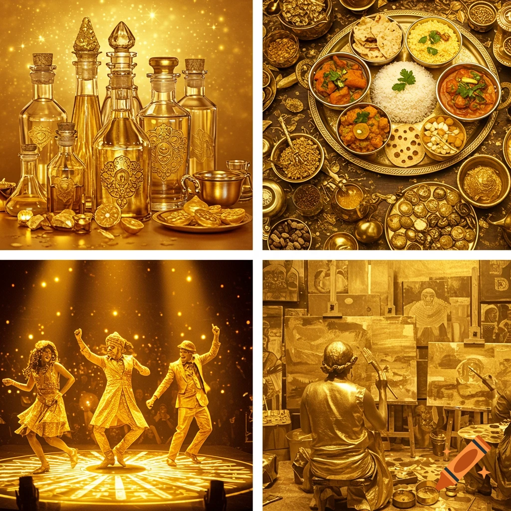 Four quadrants showing gold-themed scenes: bottles, food, dancers, and an artist.