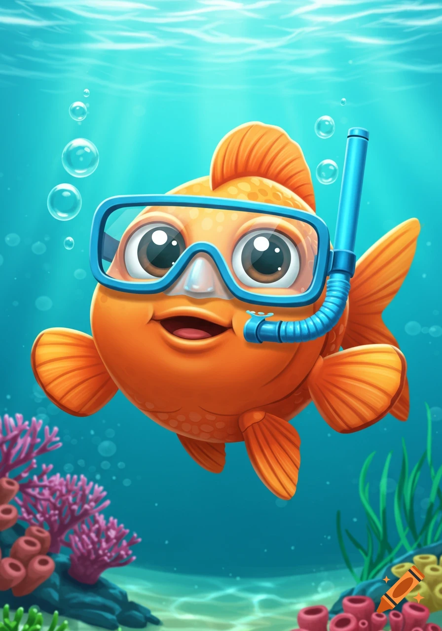 Cute cartoon orange fish wearing swimming goggles and a snorkel underwater