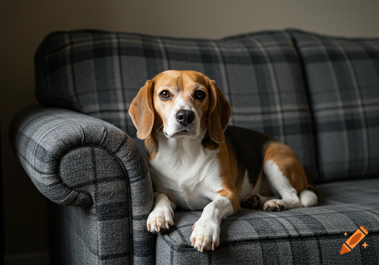 A beagle dog lies on a grey plaid sofa.