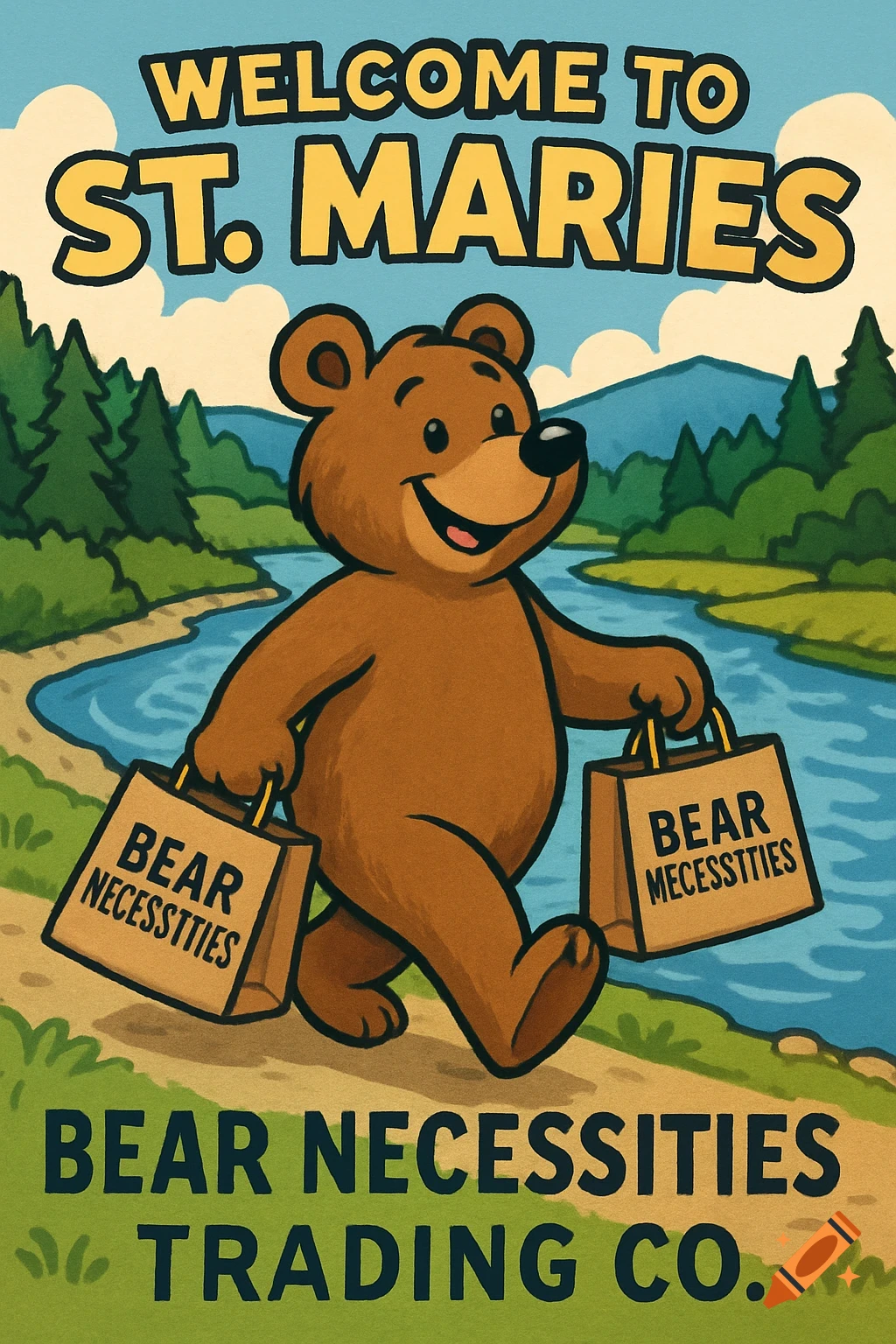 Cartoon illustration of a happy bear walking by a river holding shopping bags that say BEAR NECESSTTIES, with text WELCOME TO ST. MARIES and BEAR NECESSITIES TRADING CO.