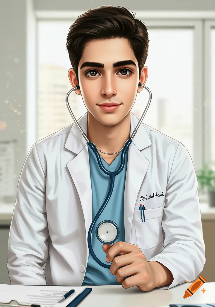 A young man in a white doctor's coat holding a stethoscope.
