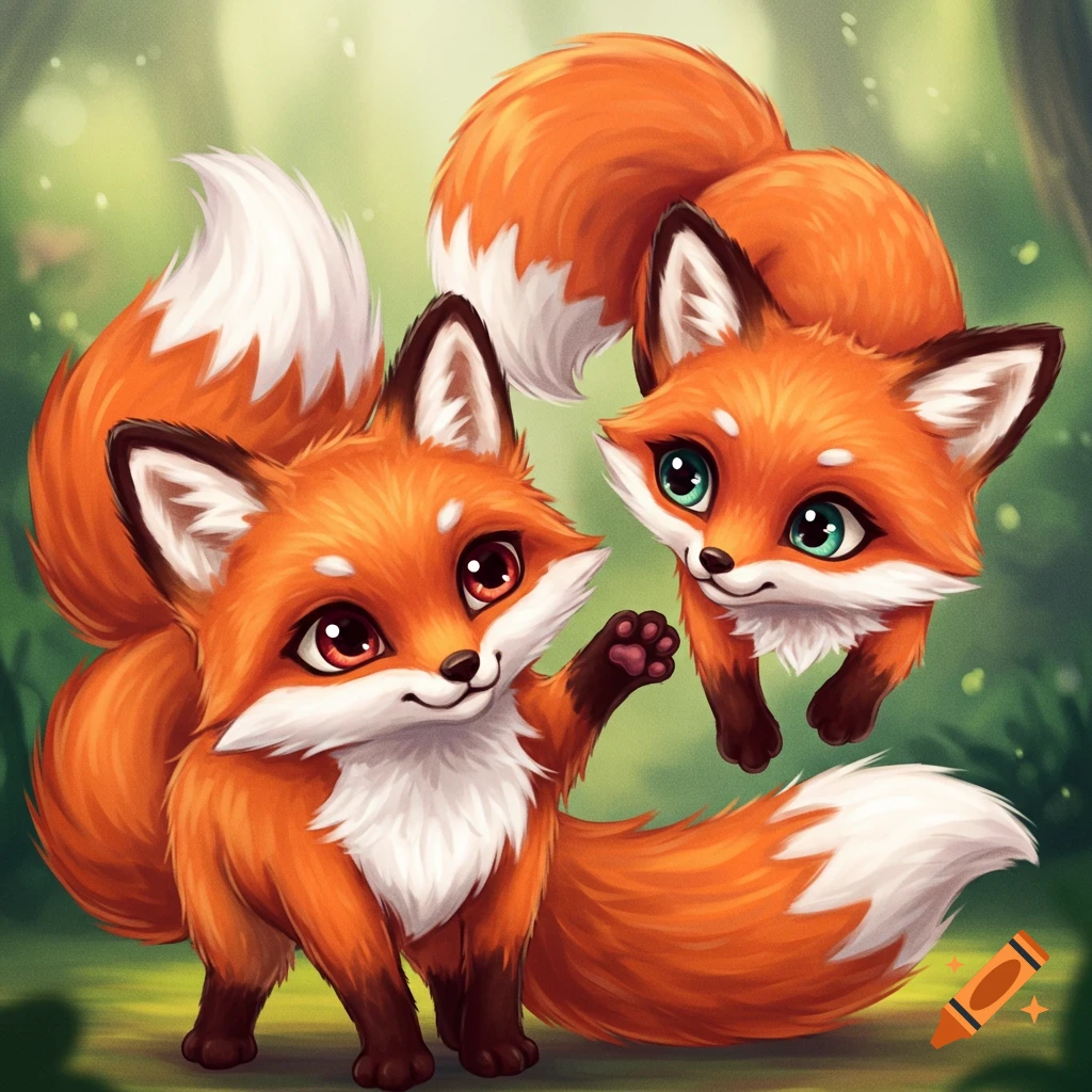 Two cute cartoon foxes in a forest clearing, one waving.