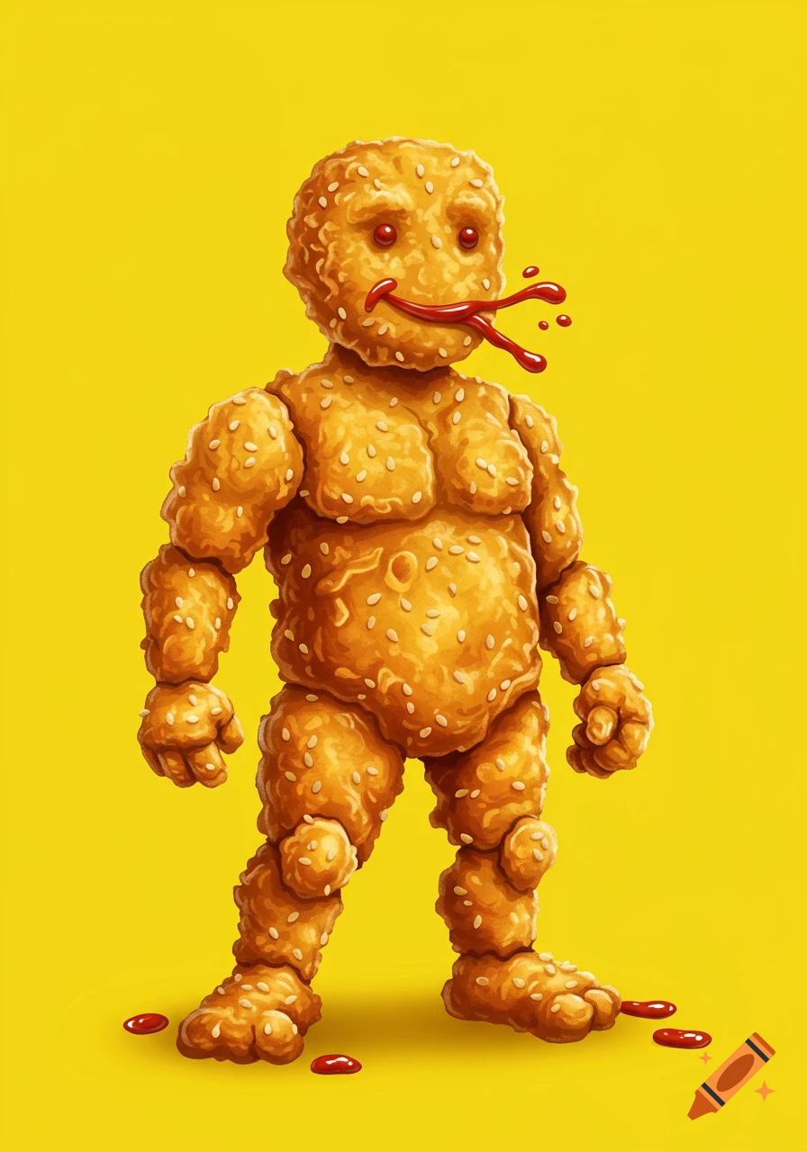 A creature resembling a chicken nugget with sesame seeds and ketchup stands on a yellow background.