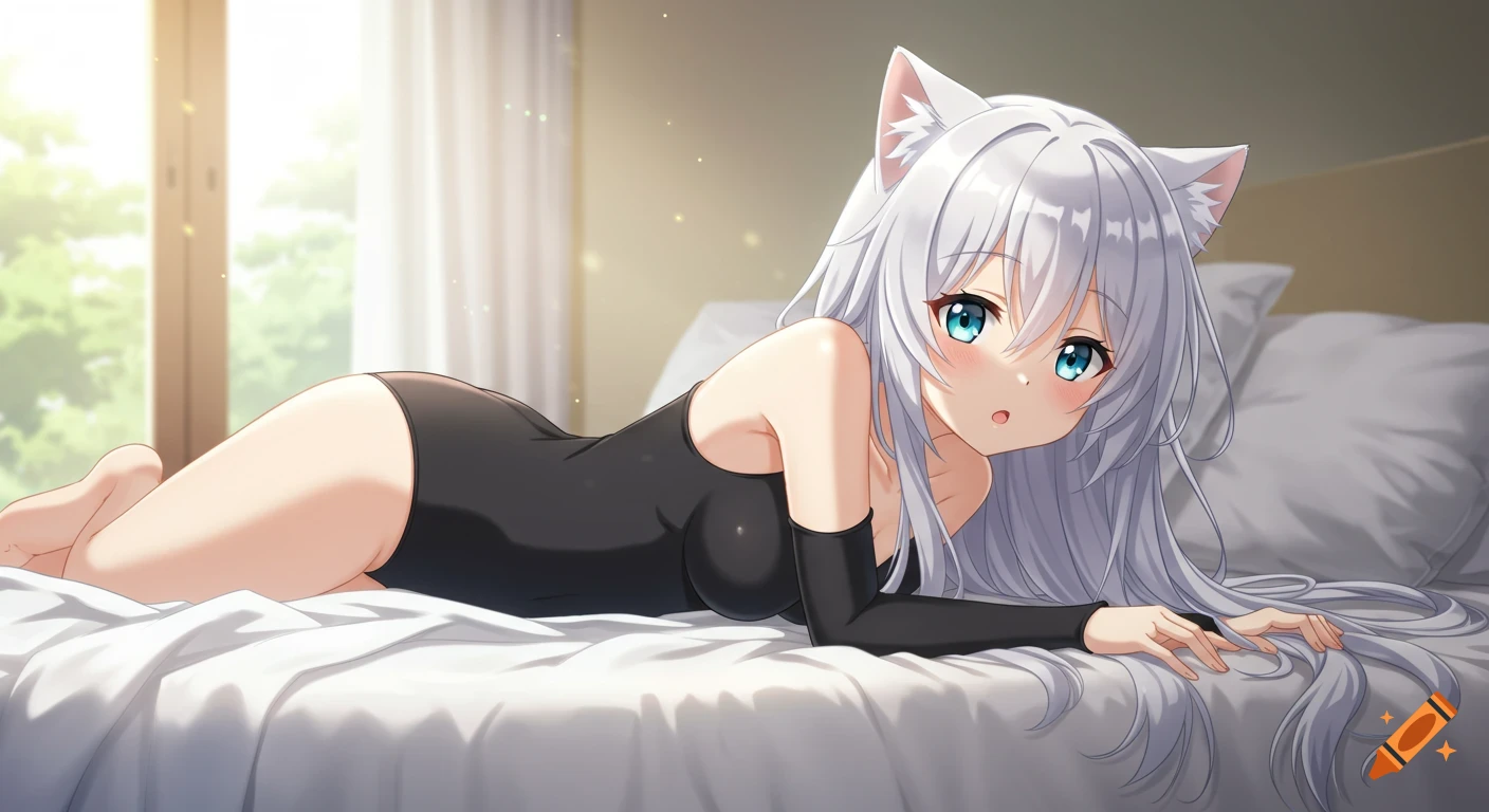 Anime cat girl in black bodysuit lying on a bed in sunlight.