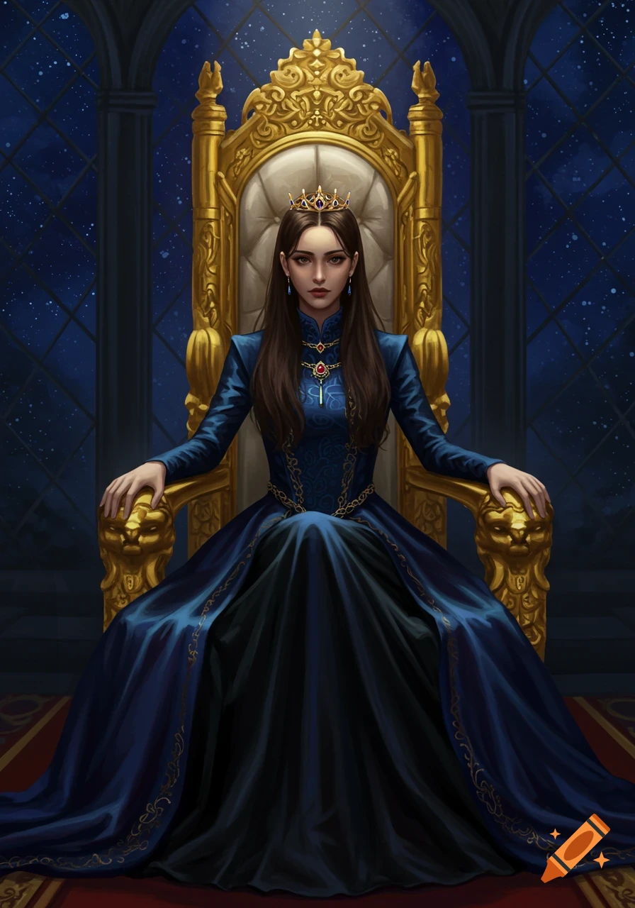 A young empress with dark hair sits on a golden throne in a deep blue dress, against a starry background.