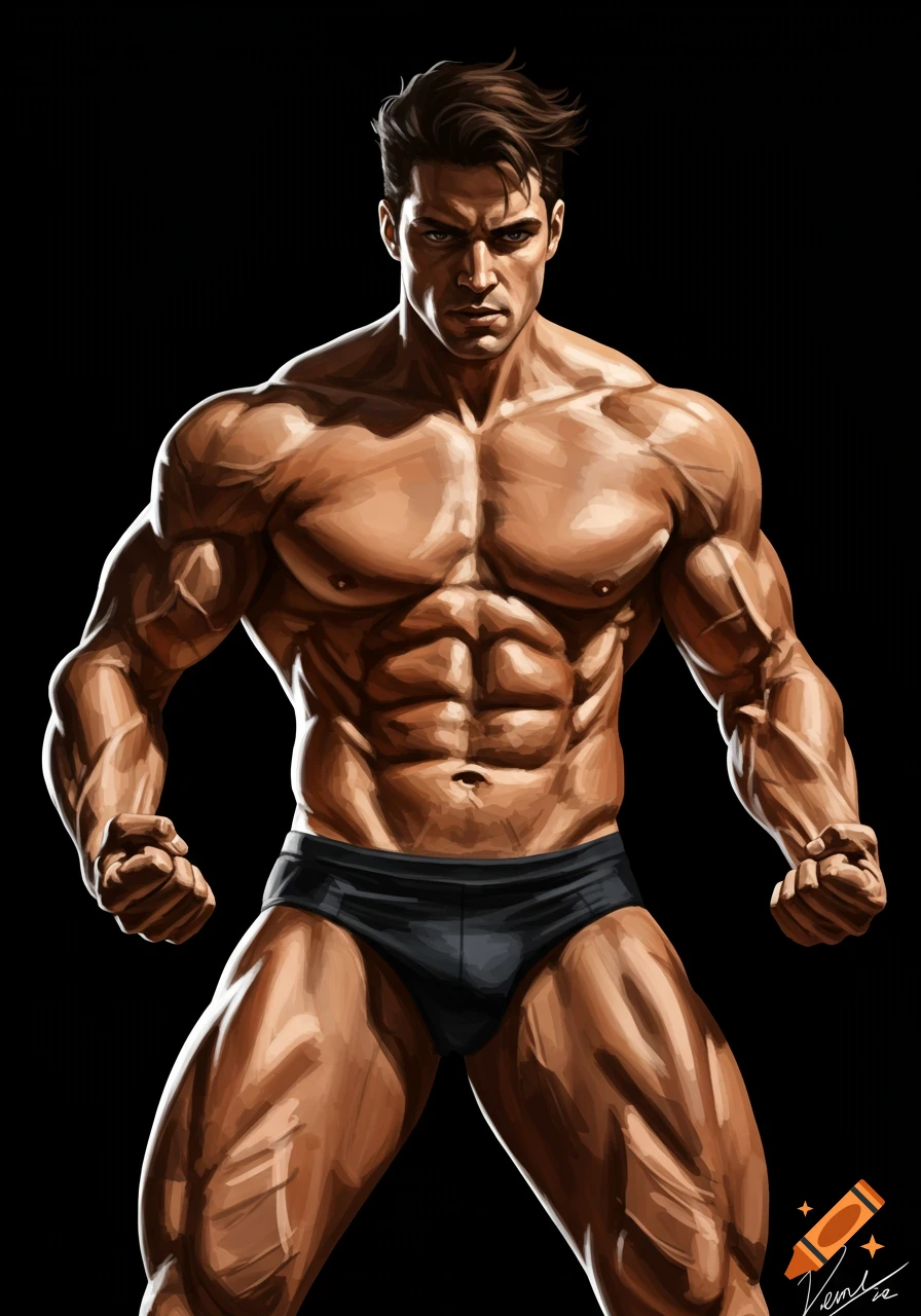 A very muscular man in black briefs flexing against a black background.