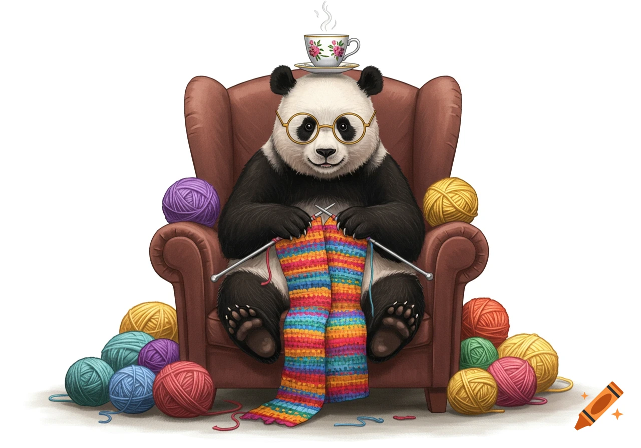 An illustration of a panda in an armchair knitting a colorful scarf with yarn balls around it and a teacup on its head.