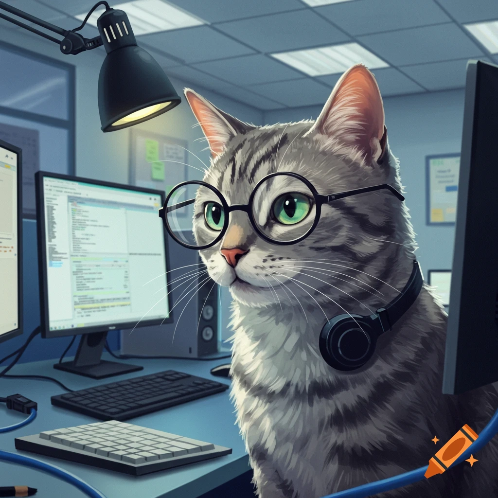 A tabby cat with glasses and headphones sitting at a computer desk