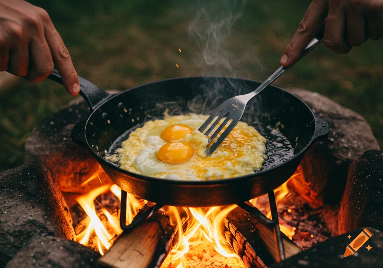 Hands cook eggs in a cast iron pan over a campfire.