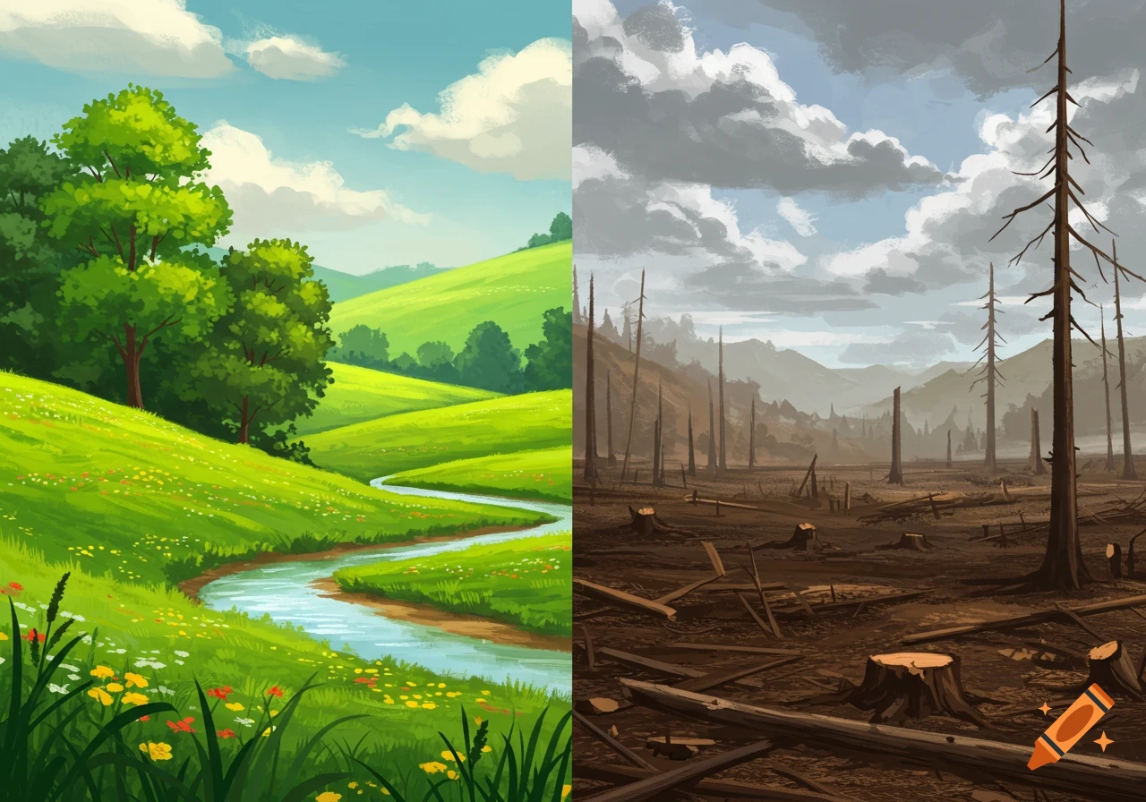 A split landscape is depicted, with a lush green valley on the left and deforestation on the right.