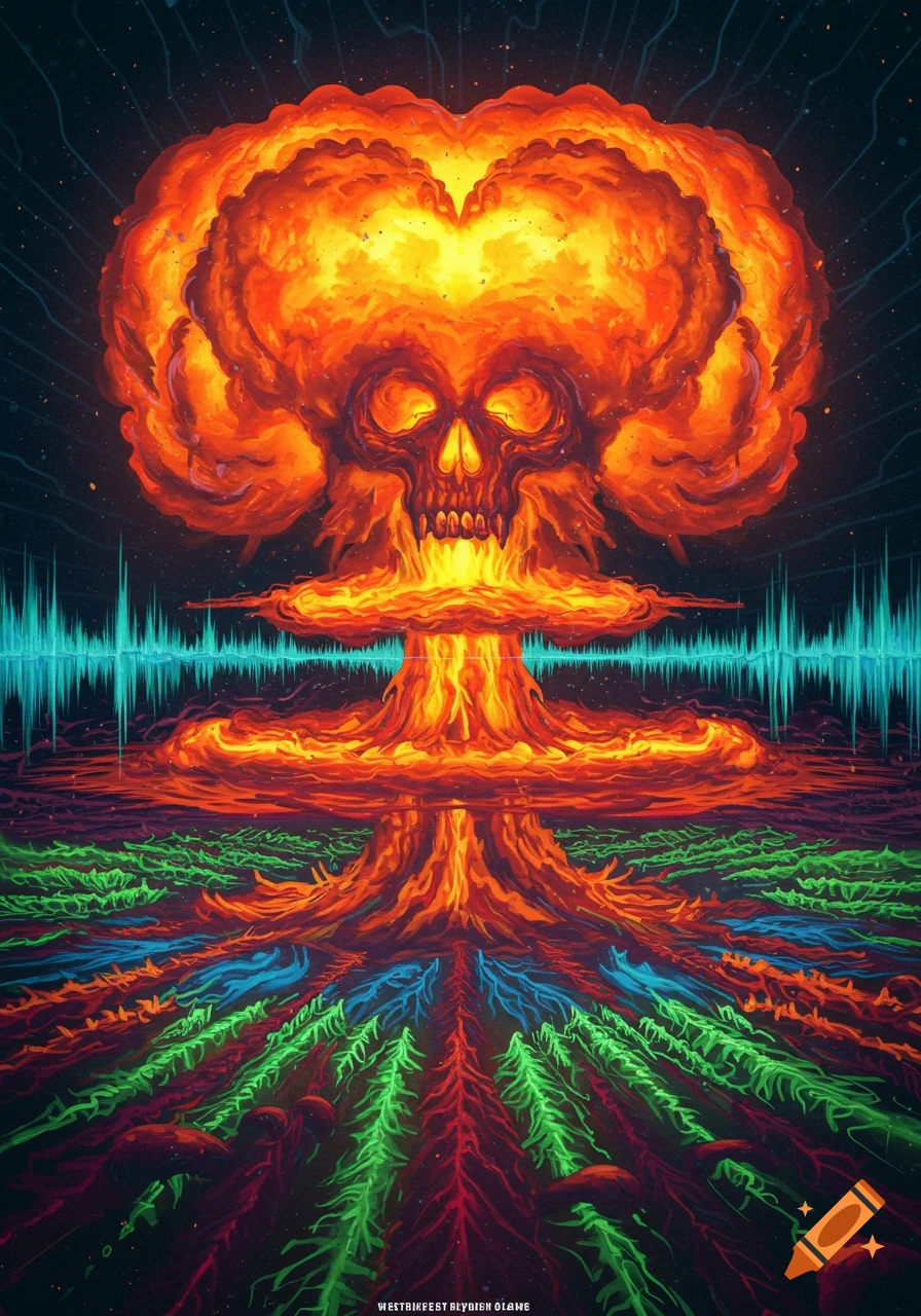 Psychedelic art of a skull-shaped mushroom cloud explosion with sound waves and colorful roots.