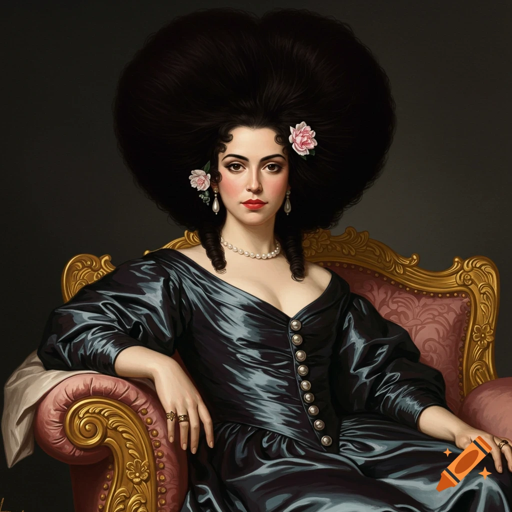 A woman with elaborate hair is seated in an ornate chair.