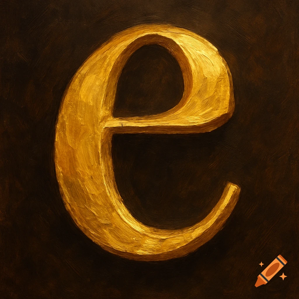 A golden lowercase letter 'e' on a dark background.