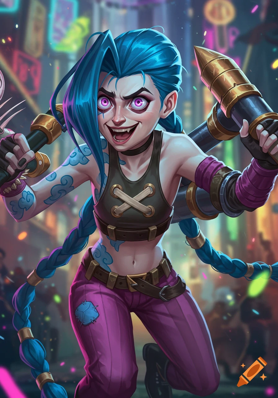 Jinx holds Pow-Pow and Fishbones in a colourful city street.