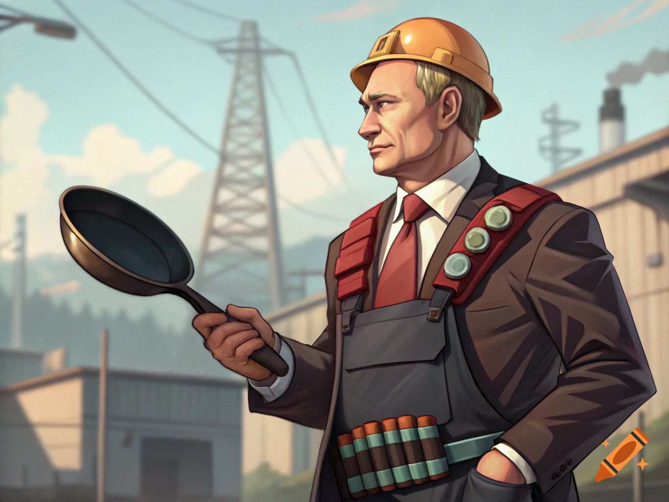 Illustration of a person resembling Putin wearing a hard hat, overalls over a suit, holding a frying pan in an industrial setting.