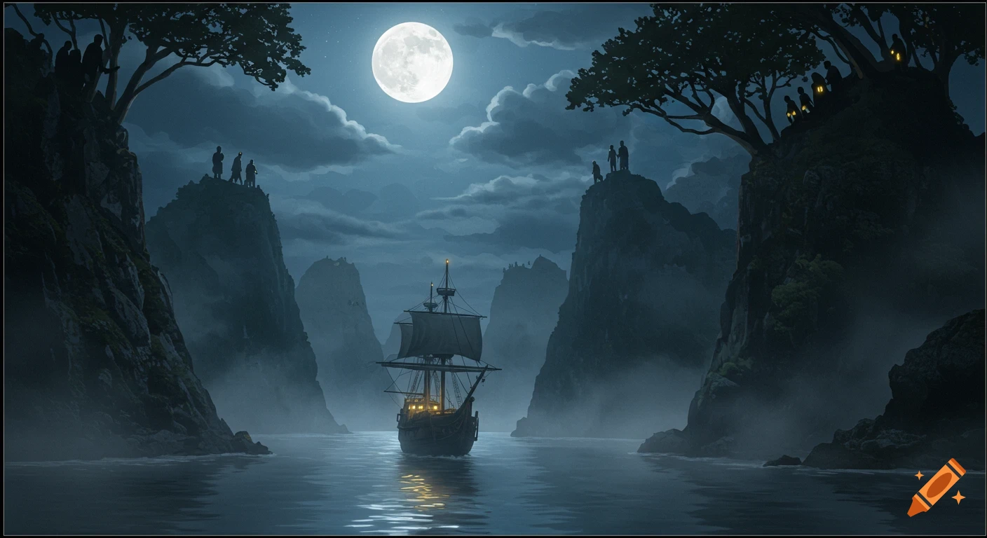 A ship sails into a moonlit inlet, overlooked by cliffs with silhouetted figures.