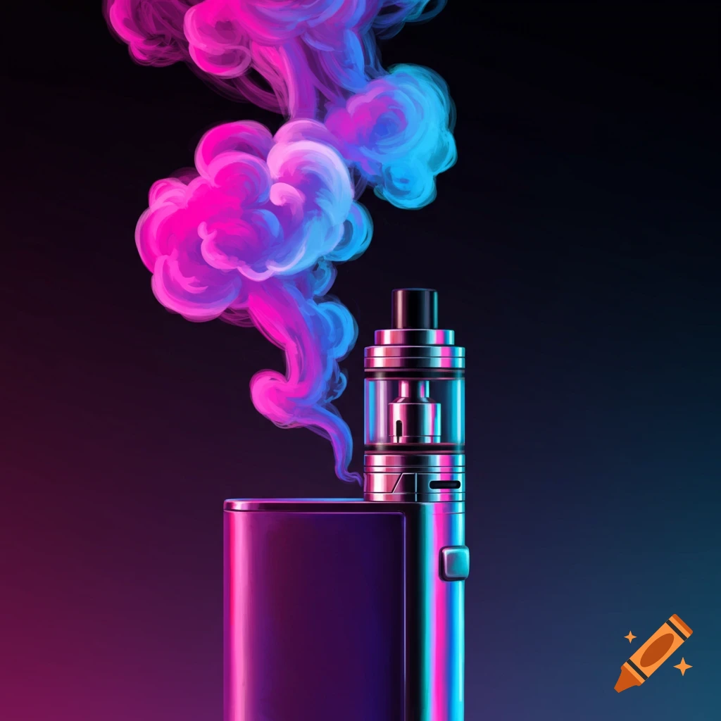 A vape device with swirling pink and blue smoke.