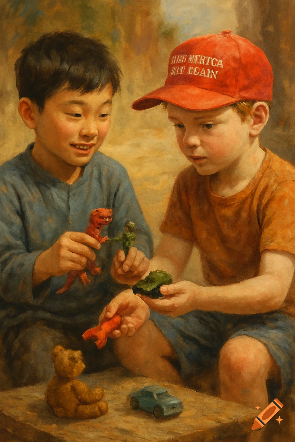 Two boys play with toy dinosaurs, a bear, and a car. One wears a red baseball cap.