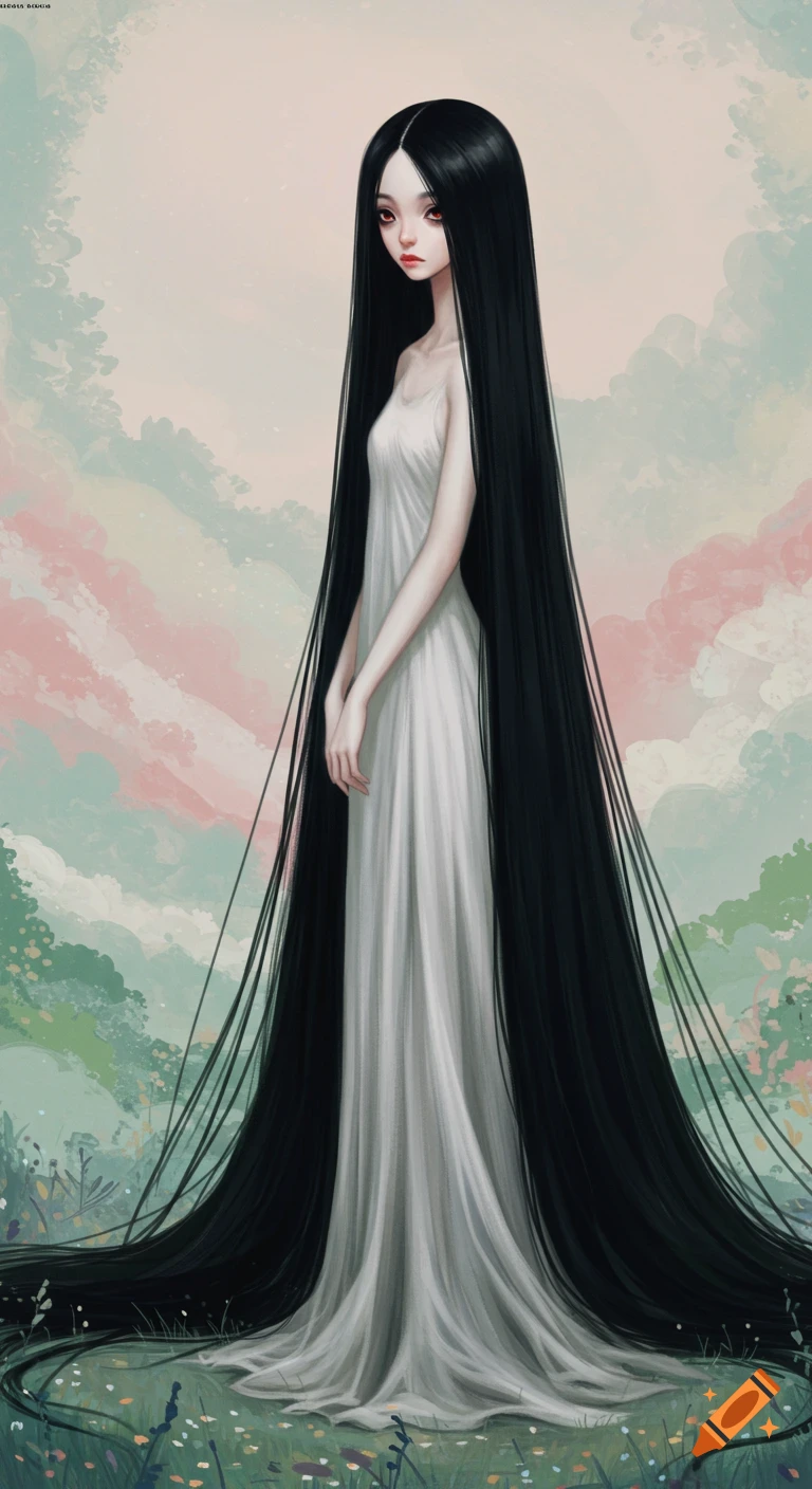 a girl with extremely long black hair wearing a white dress, standing in a grassy field under a cloudy sky.
