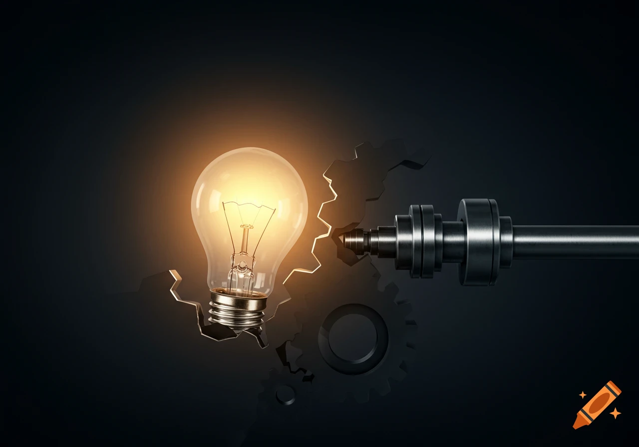 A glowing lightbulb meets dark industrial gears and a shaft on a dark background.