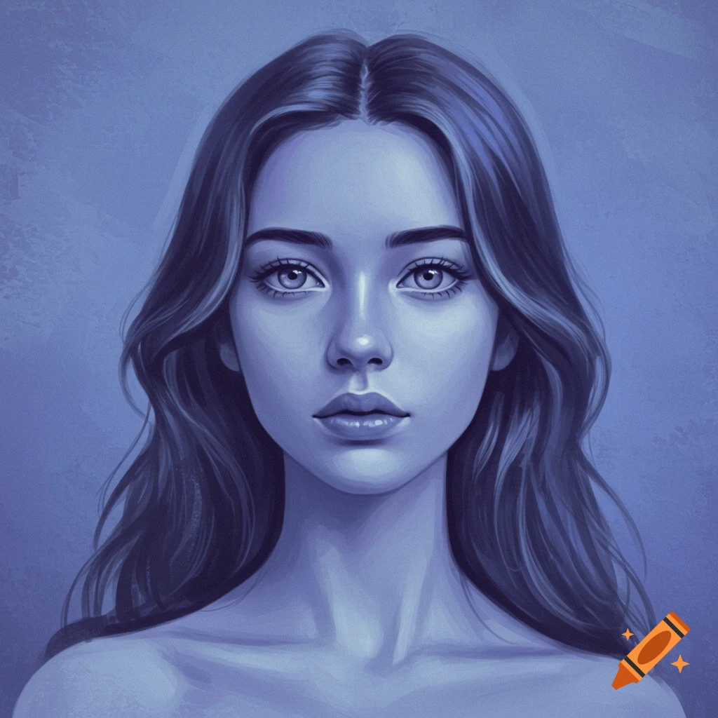 A woman's face and shoulders in blue tones