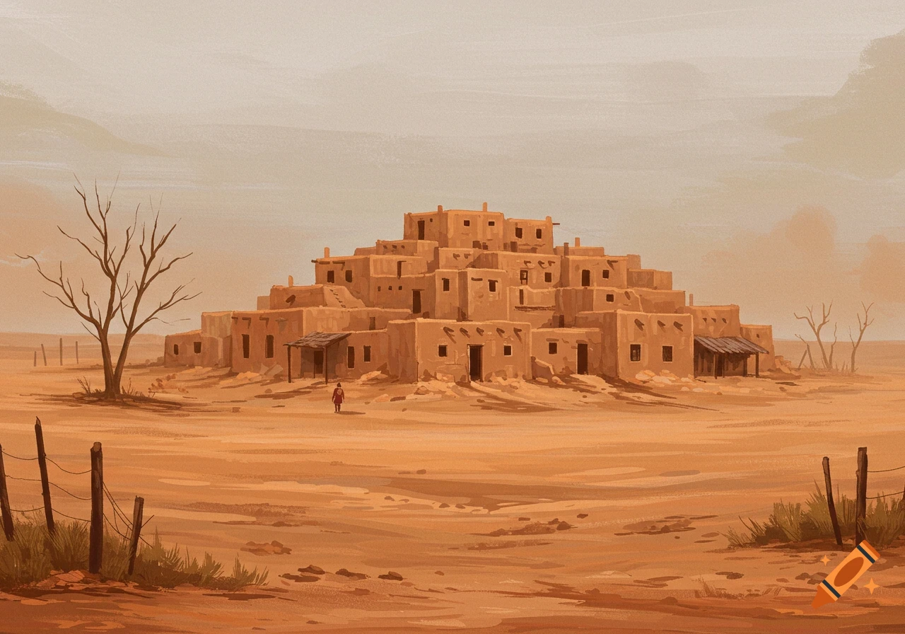 A multi-story pueblo building stands in a desert landscape with bare trees and a lone figure.