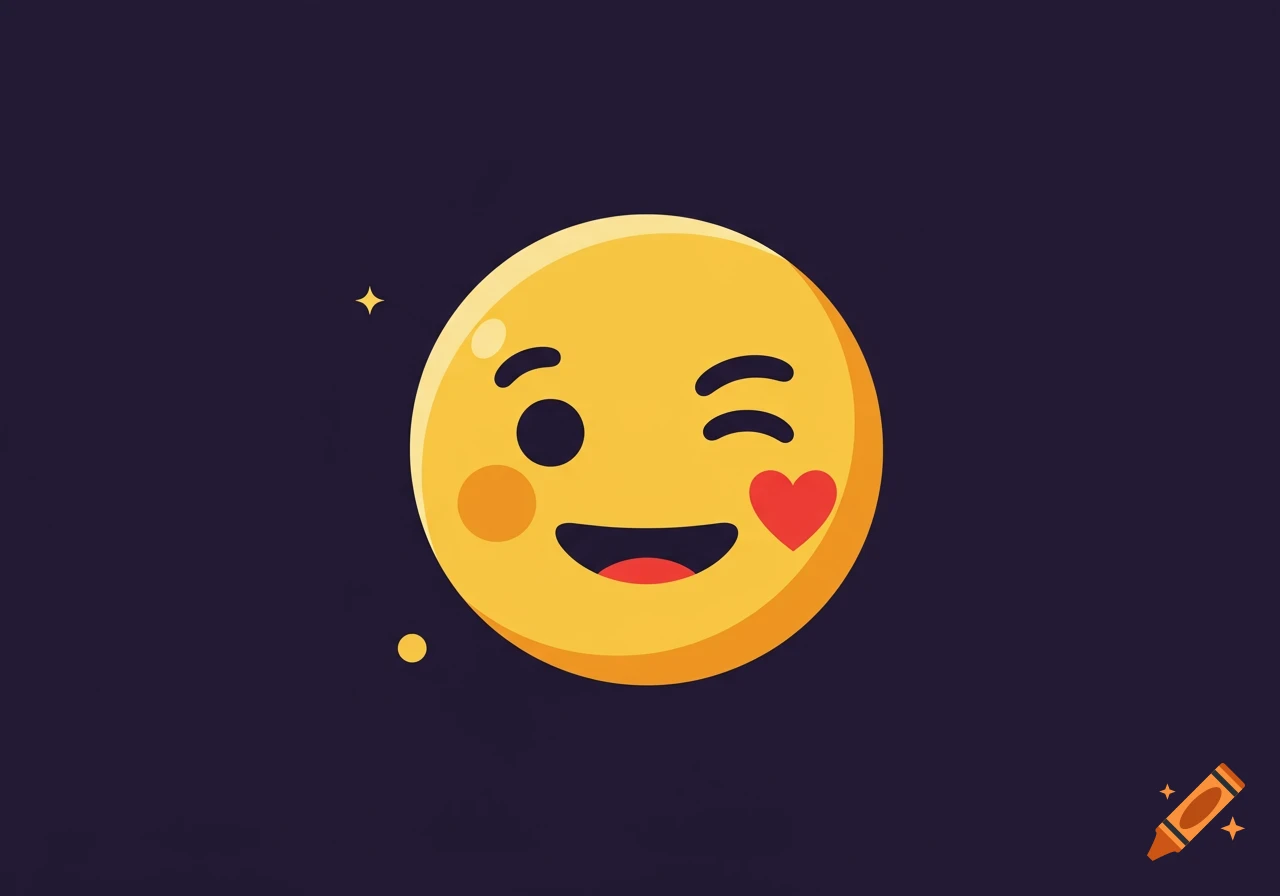 A yellow cartoon emoji face winking with a small red heart