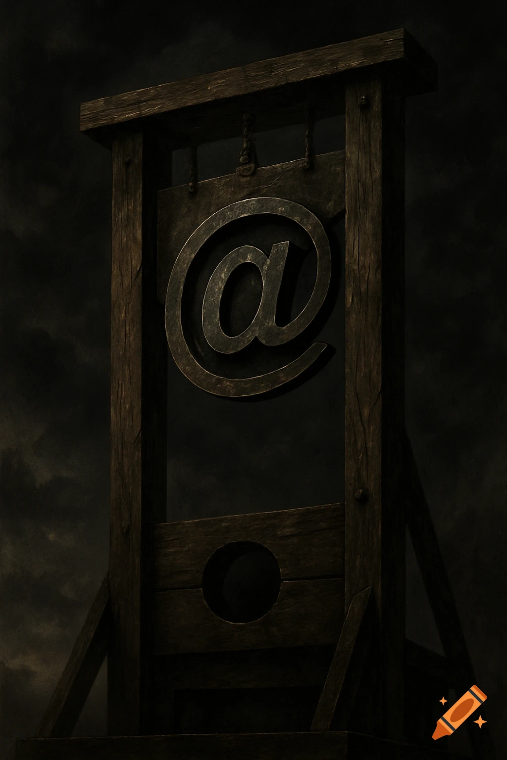A dark, symbolic image of a guillotine with the blade replaced by an '@' email symbol.