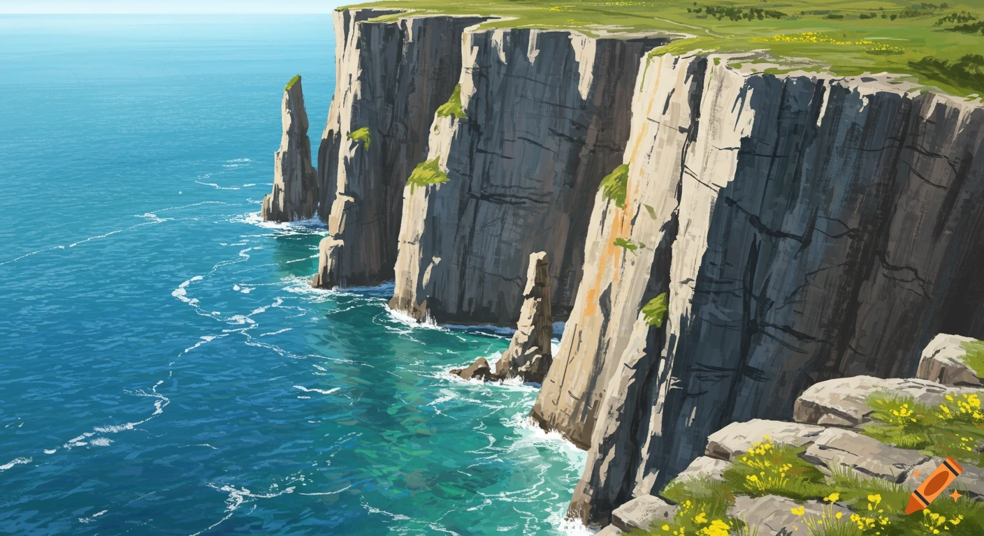 Tall, rugged cliffs overlook a vibrant blue-green sea with white waves.