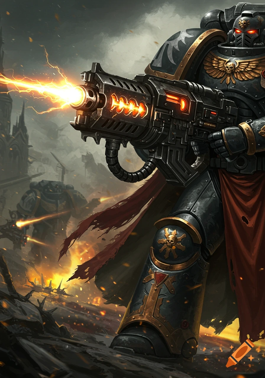 A Warhammer 40k Space Marine in power armor shooting a multi-melta in a battlefield.