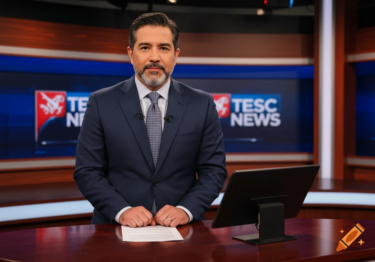 A news presenter in a suit stands at a news desk in a television studio.