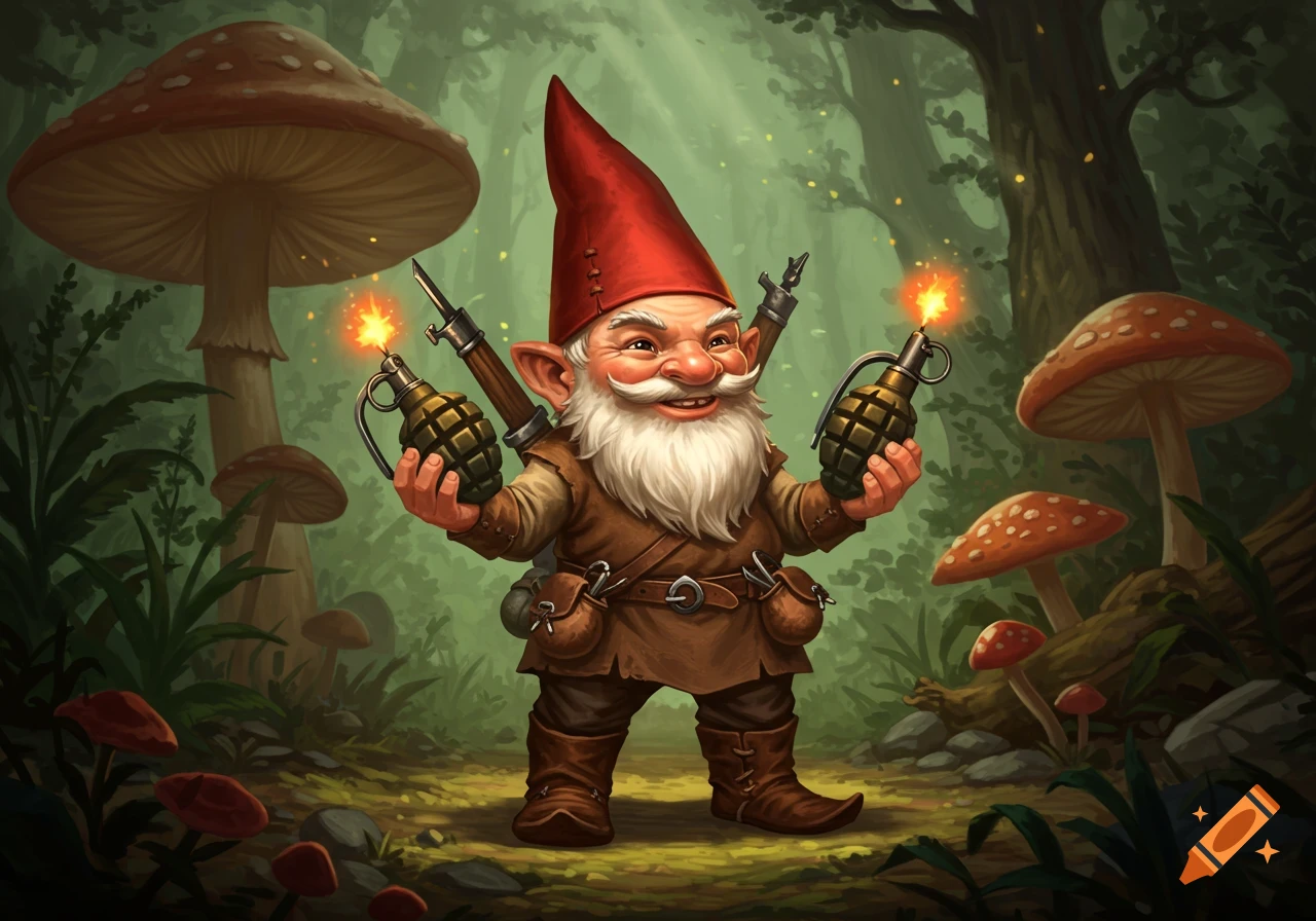 A smiling gnome holding two lit grenades and rifles in a mushroom forest.