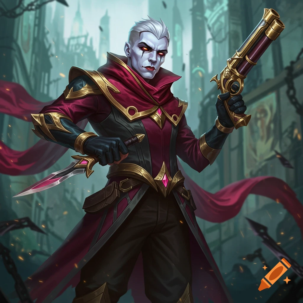 A pale-skinned character with red eyes and makeup in ornate red and black clothing holds a knife and pistol in a city street.