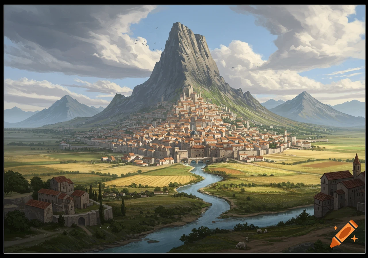 A fantasy city built on a mountain slope, with a river and fields below.