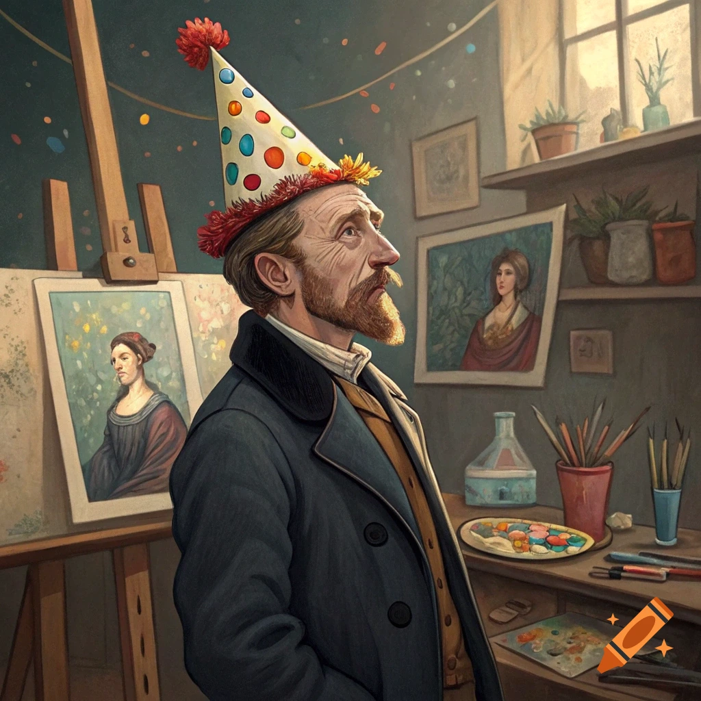 Painterly portrait of an artist resembling Van Gogh wearing a colorful birthday hat in a studio.