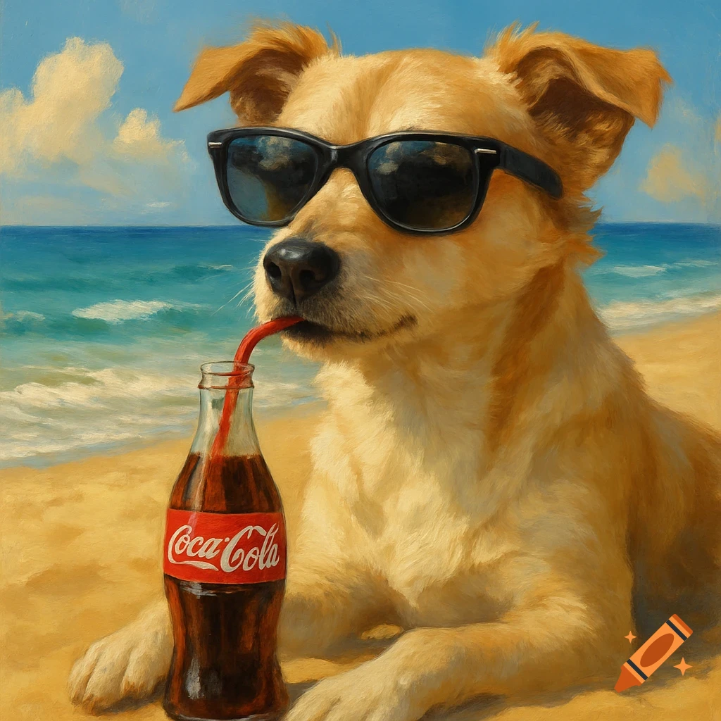 A dog wearing sunglasses, drinking Coca-Cola with a straw on a beach.