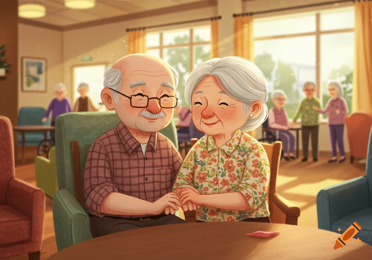An elderly couple holding hands and smiling in a sunny senior living facility.