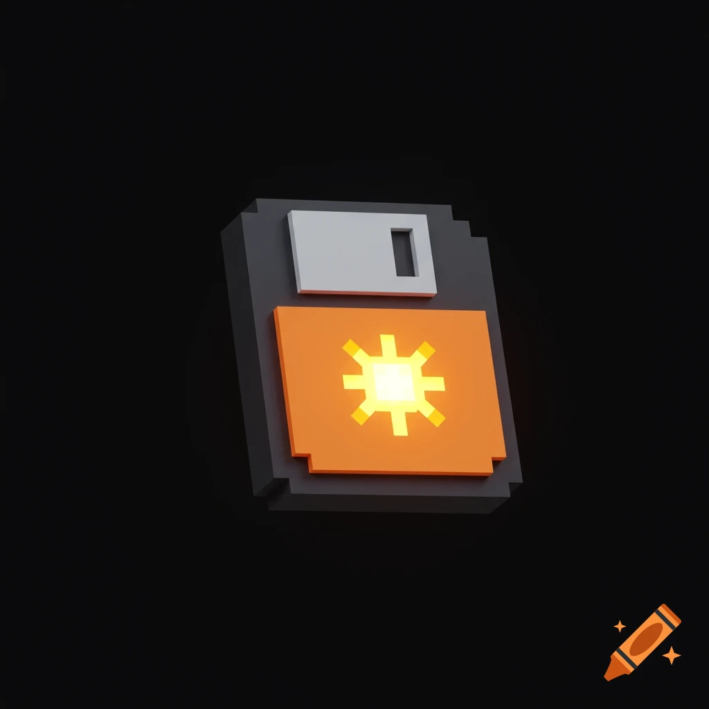 3D pixel art render of a video game save icon depicting a floppy disk with a glowing symbol.