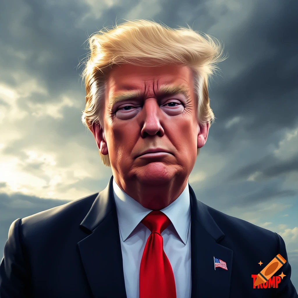 Portrait of Donald Trump in a suit and red tie against a stormy sky.