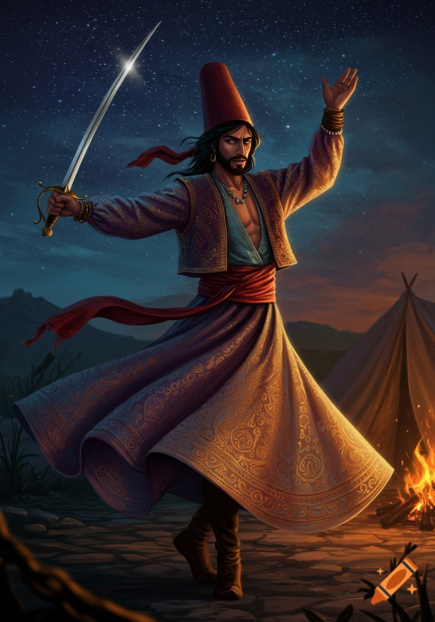 A man in dervish clothing holds a sword under a starry sky.
