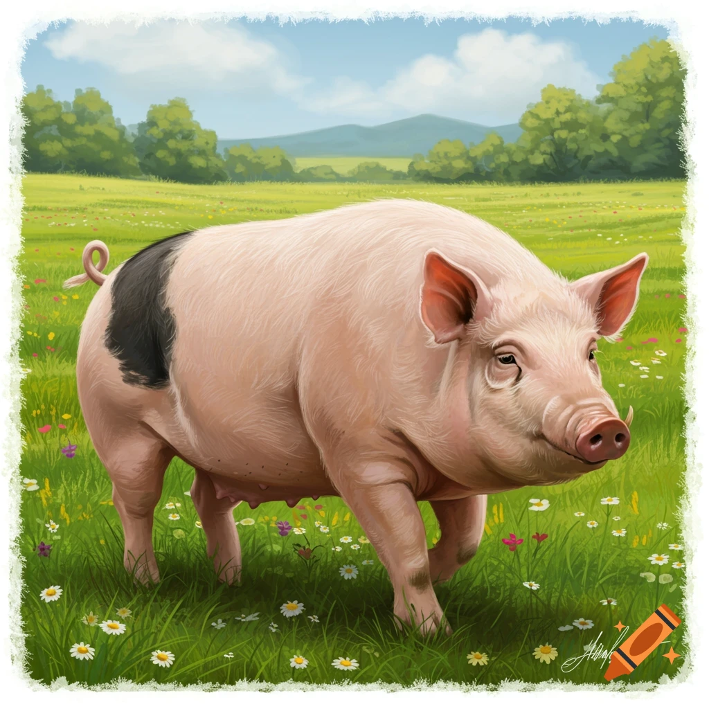 A pink pig with black patches is walking in a grassy field.