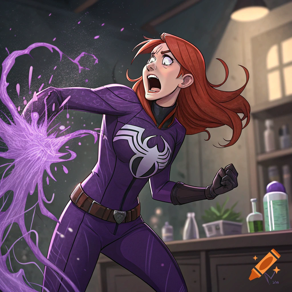 Woman in purple superhero suit reacting to purple substance in laboratory, comic art style.