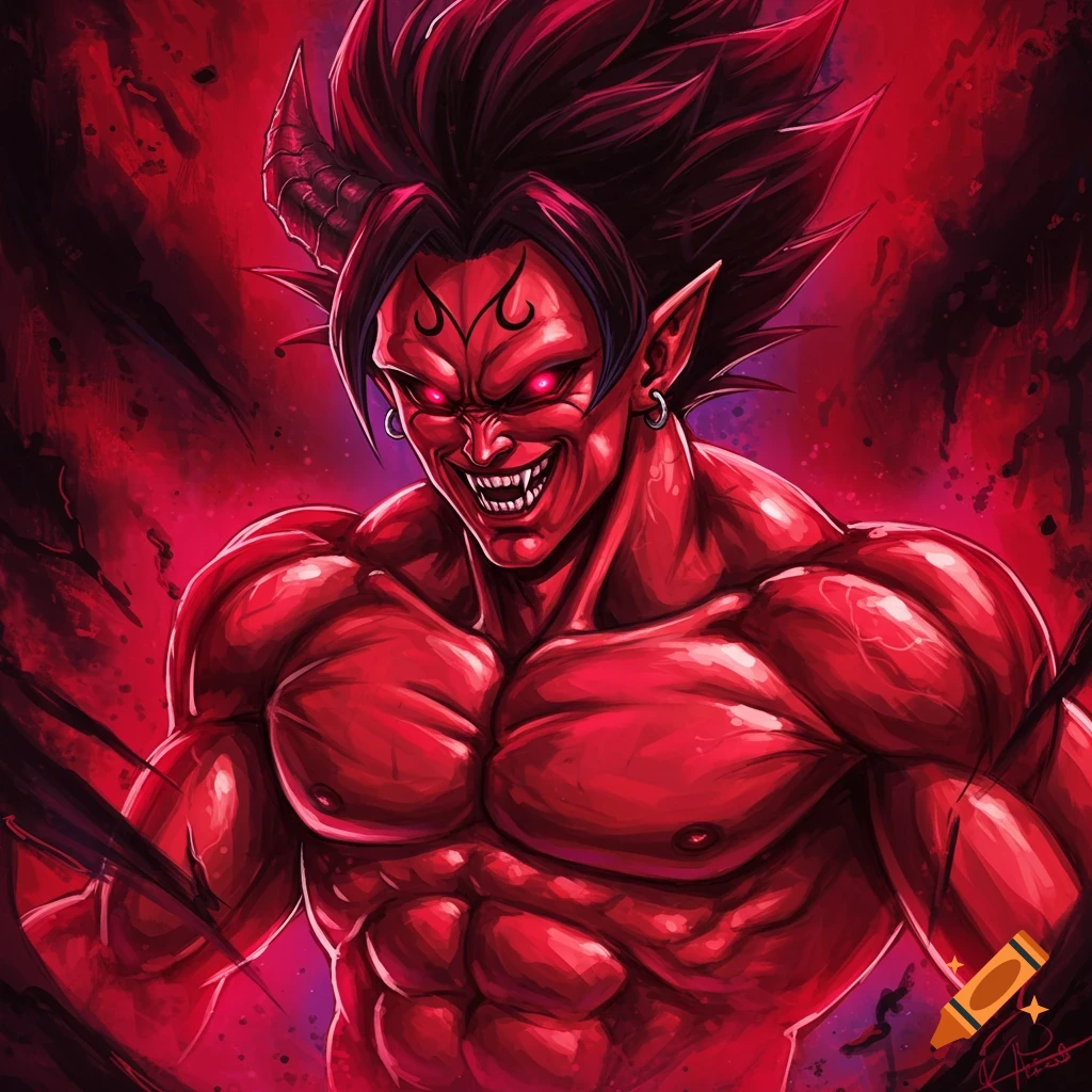 Image of a muscular red-skinned demonic character with horns, pointed ears, and sharp teeth.