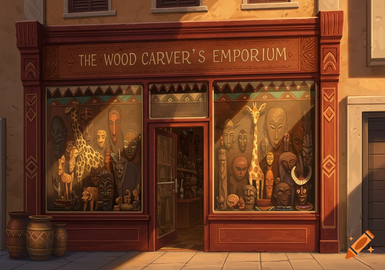 A shop front selling African wood carvings and masks.