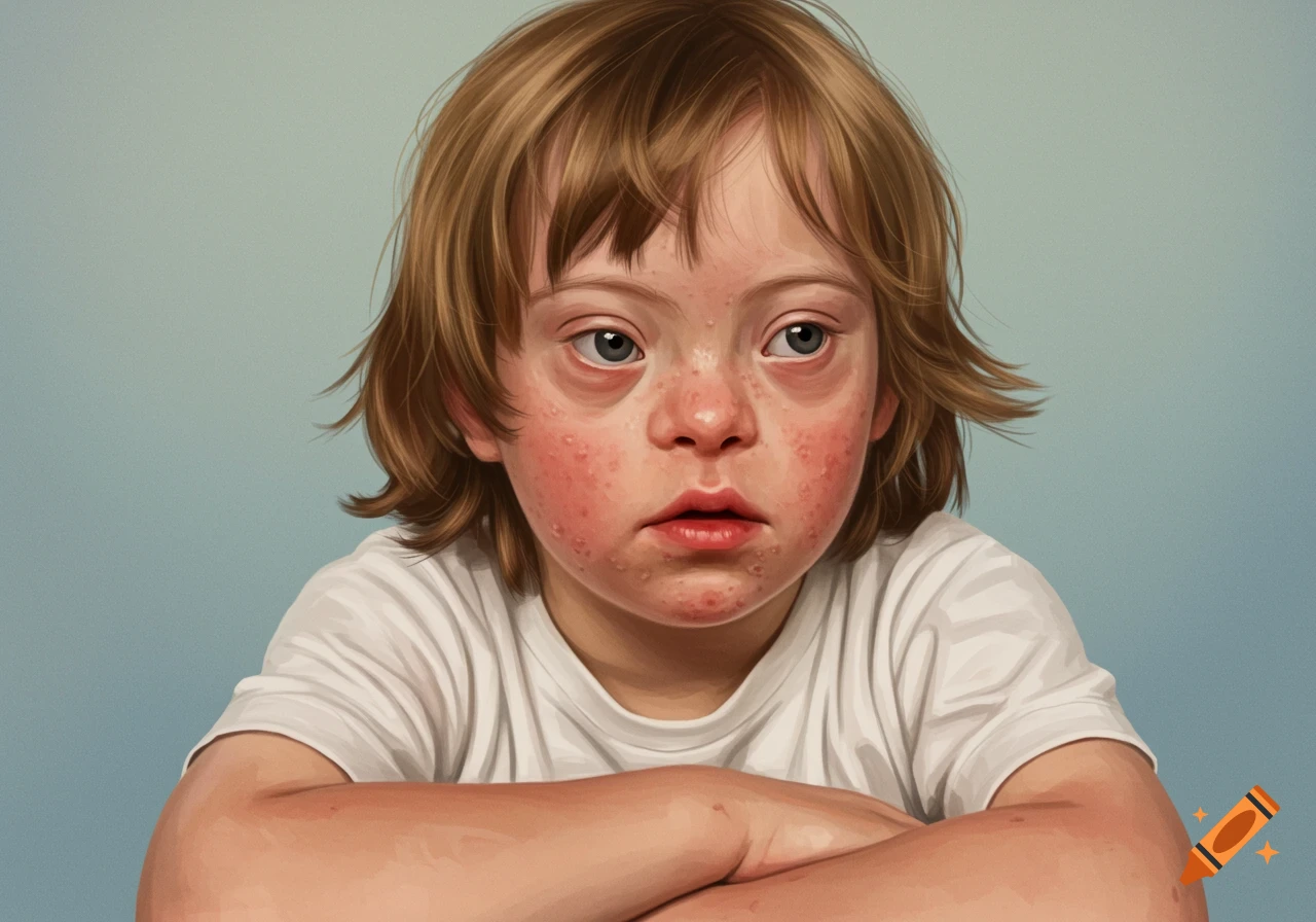 A young boy with Down syndrome and acne sitting with arms crossed.