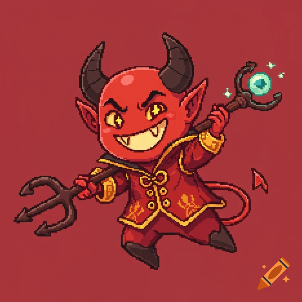Cute pixel art devil character holding trident and staff